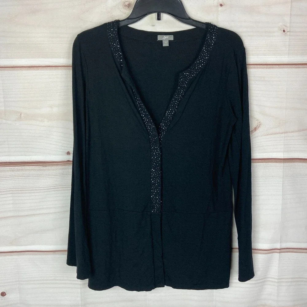J. Jill Sweater Womens XS Black Jersey Knit Sequin Trim Cardigan Long Sleeve